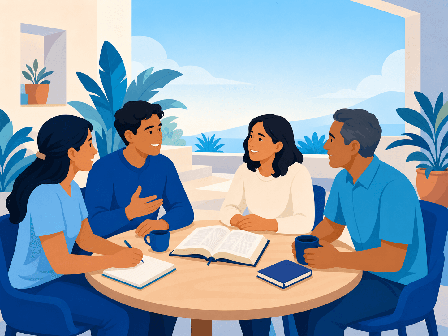 Um grupo de quatro pessoas estudando a Bíblia e conversando ao redor de uma mesa