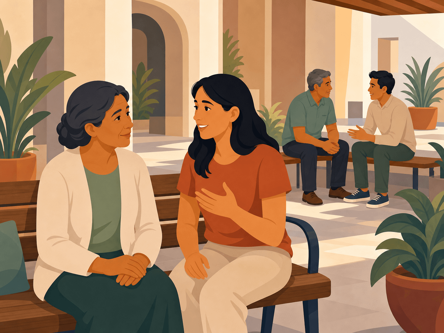 Duas mulheres e dois homens de diferentes idades conversando e ouvindo uns aos outros em um espaço comunitário