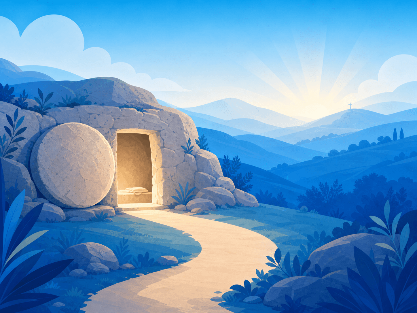 Um túmulo vazio ao amanhecer, com a pedra removida e um caminho iluminado